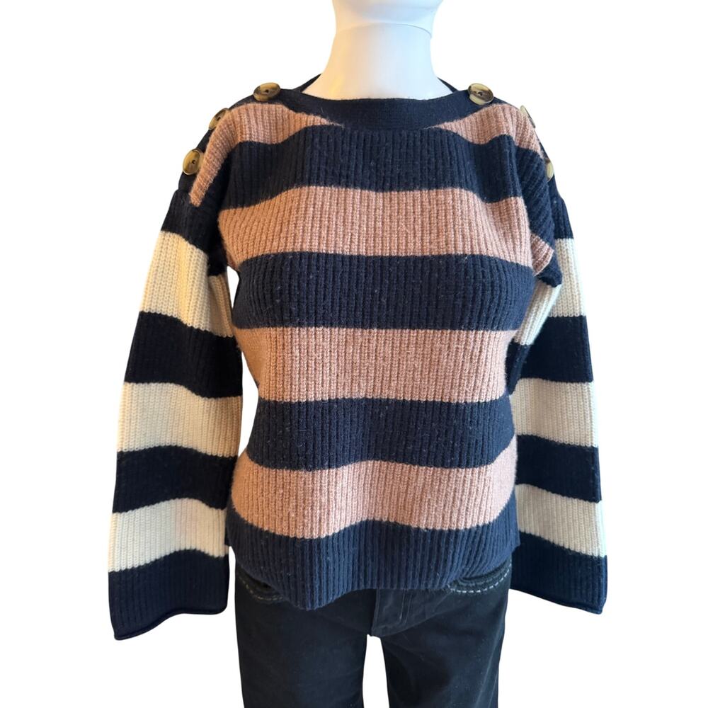 Madewell Striped Merino Wool Sweater XS Navy Blush Button Shoulder - Picture 6 of 6